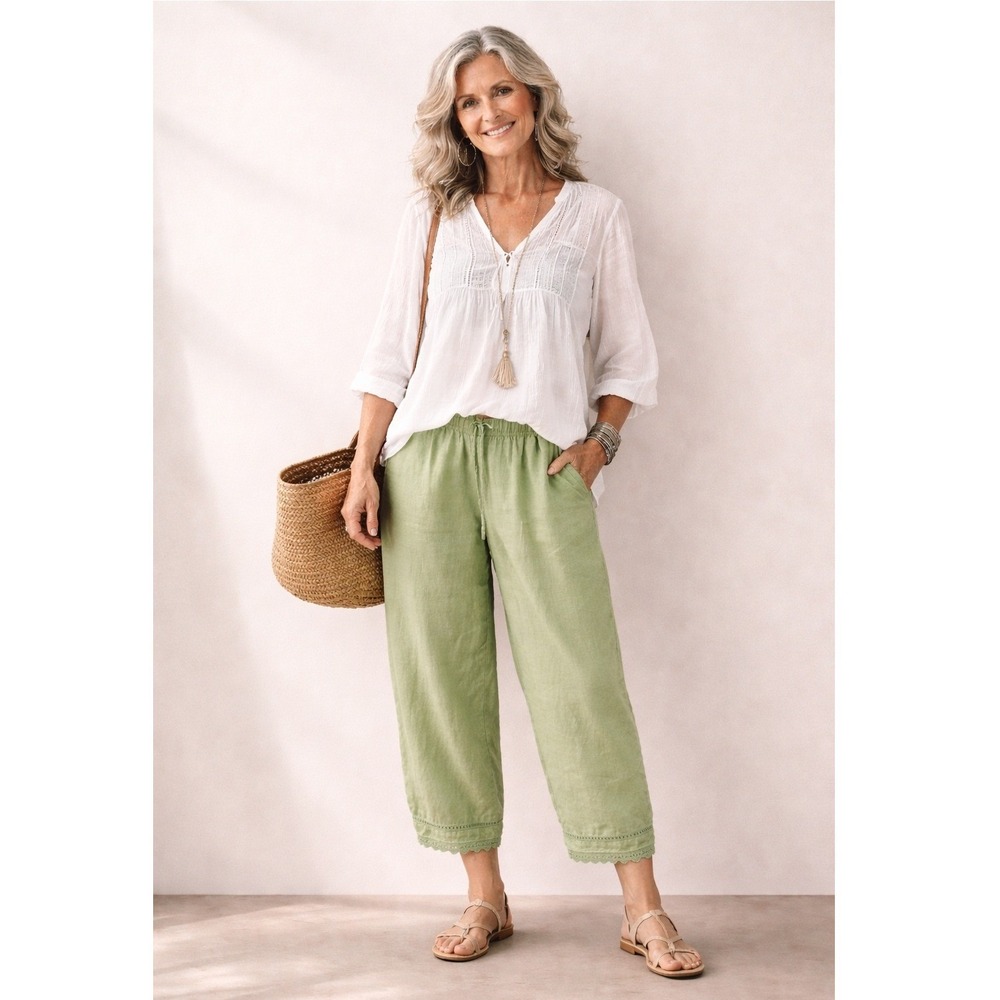 TSD Two Star Dog Green 100% Hemp Lagenlook Boho Cropped Wide Leg Lace‎ Pants M